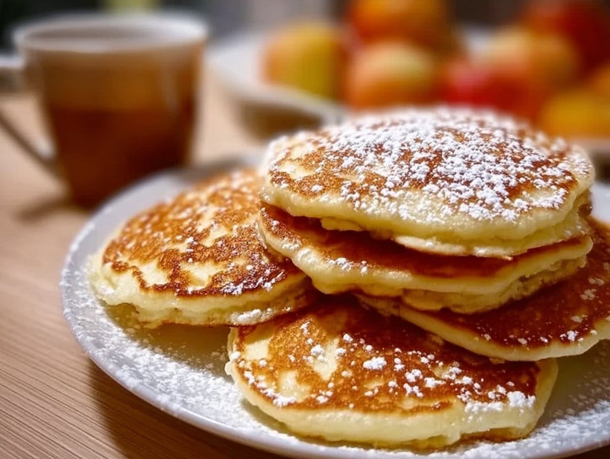 Fluffy Apple Yogurt Pancakes topped with yogurt and syrup, a perfect breakfast treat.