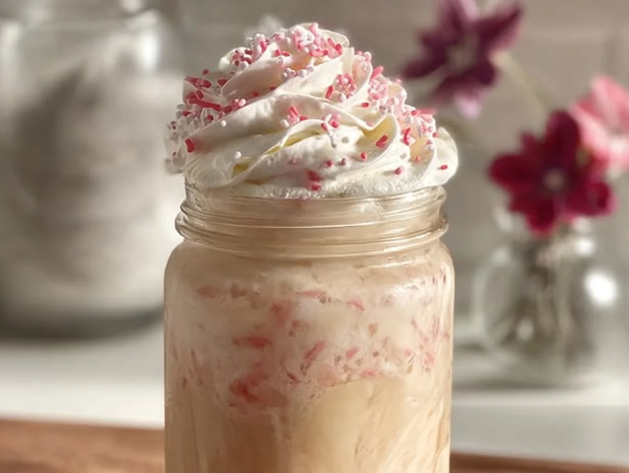 White Chocolate Strawberry Iced Coffee with fresh strawberries and whipped cream