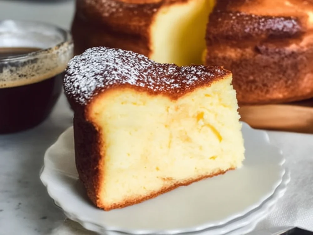 A tempting Greek Yogurt Cake topped with powdered sugar sitting on a rustic wooden table.