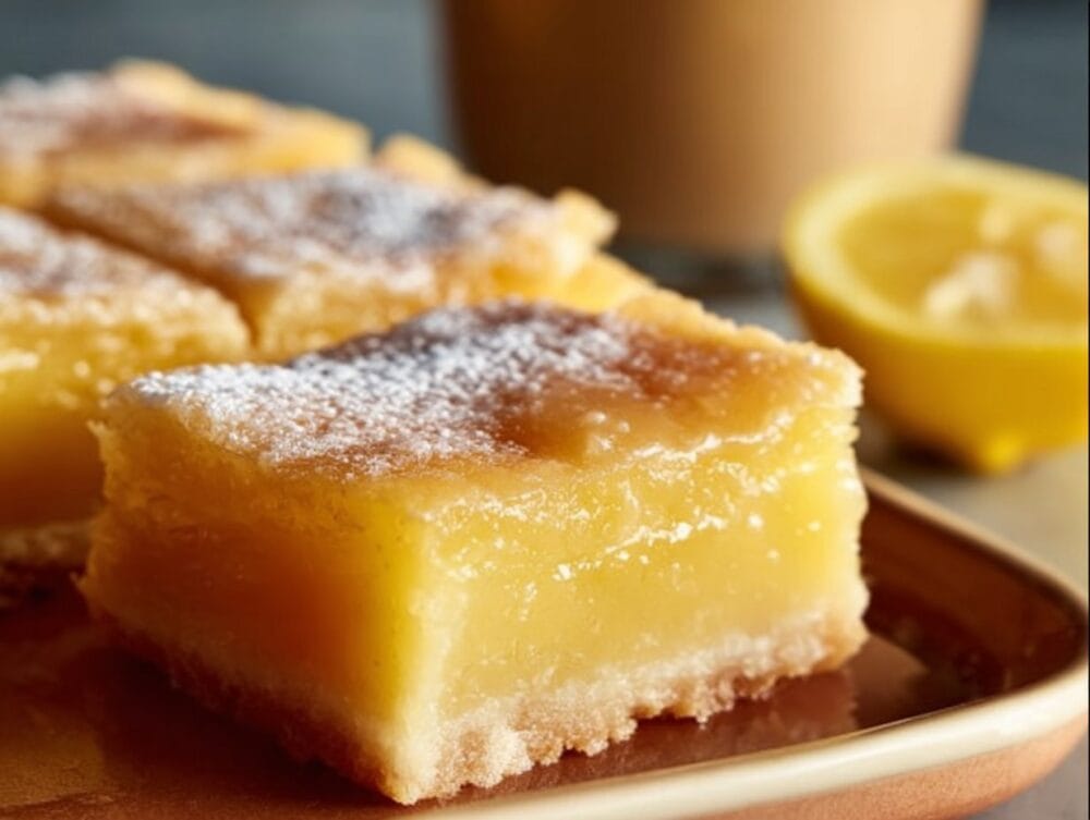 Two-Ingredient Lemon Bars fresh from the oven with a sprinkle of powdered sugar on top.