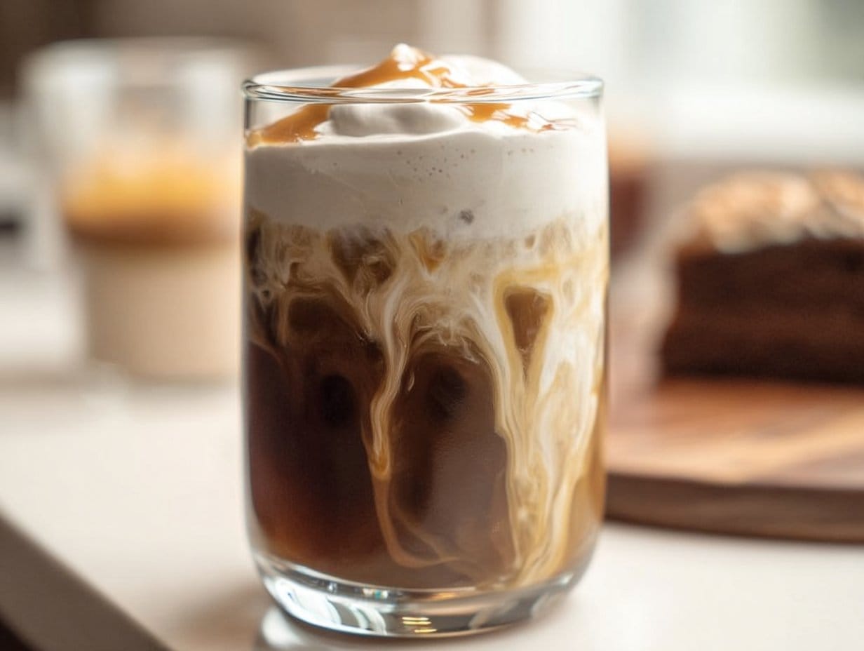 Enjoy a delicious Salted Caramel Cream Cold Brew in a glass decorated with caramel drizzle.