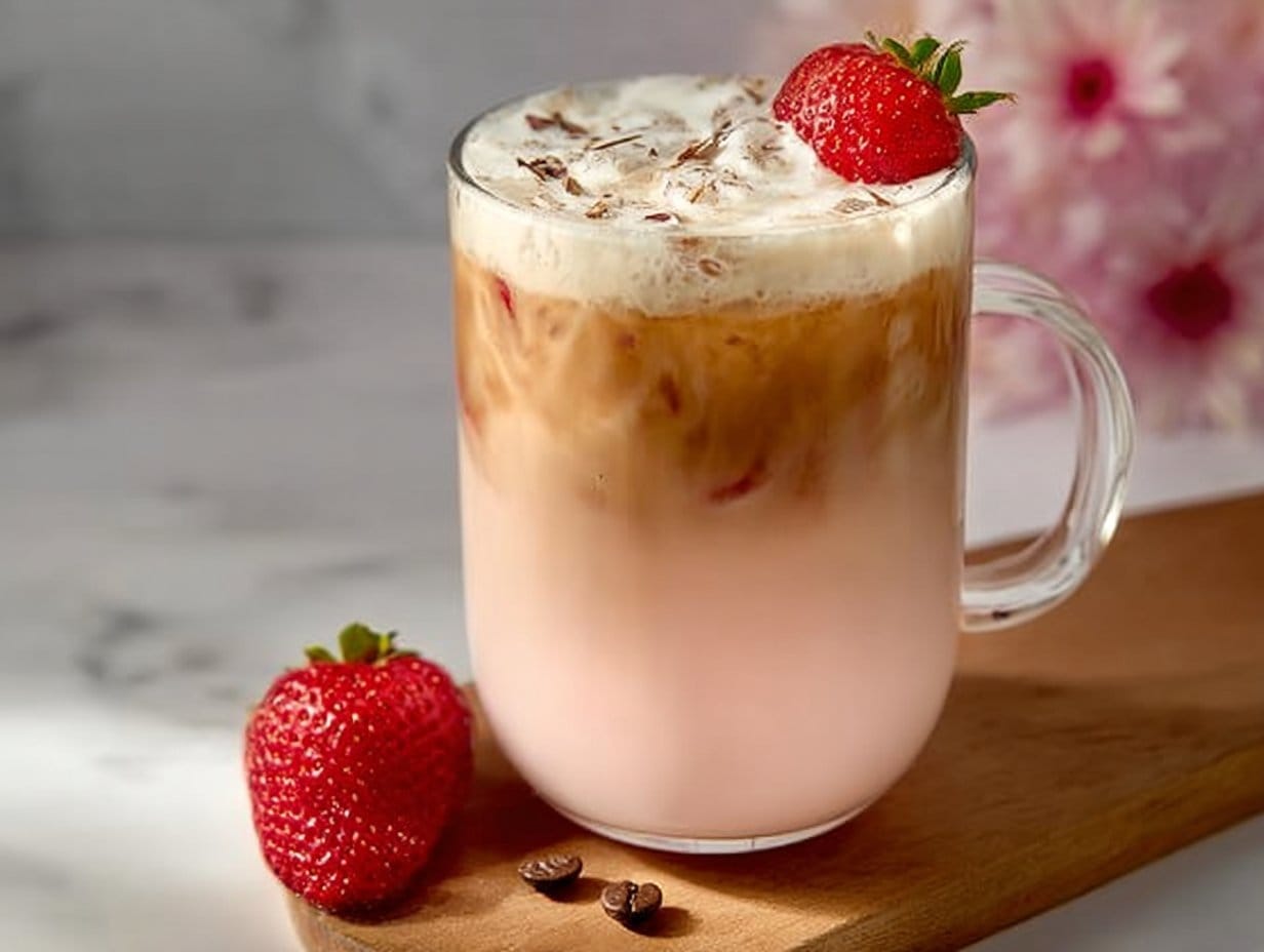 Strawberry Latte in a glass, topped with whipped cream and fresh strawberries.