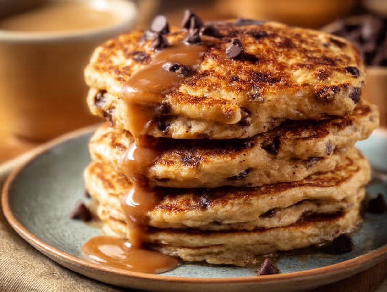 Chocolate Chip Coffee Pancakes served with a drizzle of espresso glaze.