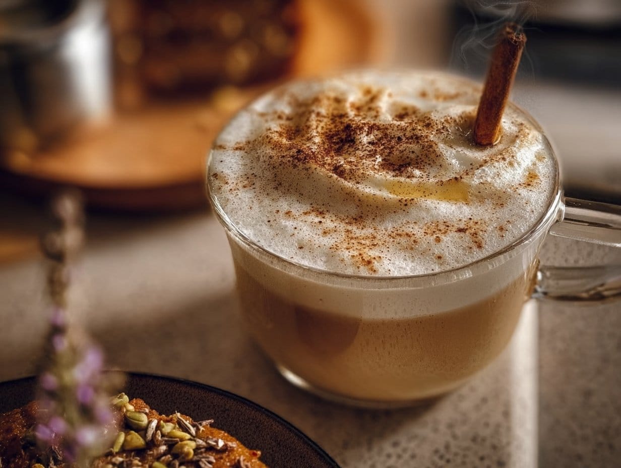 A warm mug of Autumn Fog Tea Latte topped with foam and fragrant spices