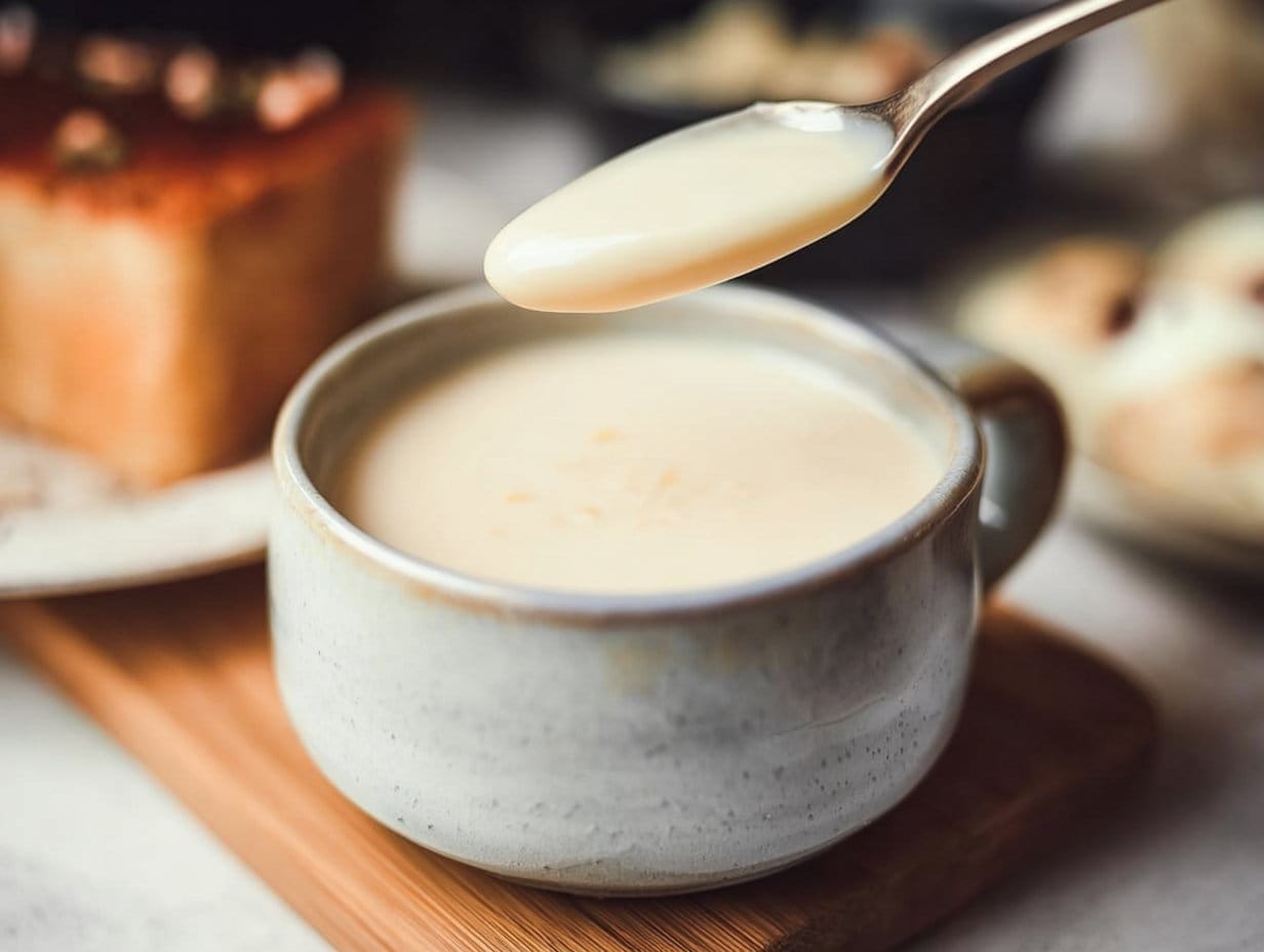 White Chocolate Mocha Sauce drizzling over a warm cup of coffee.