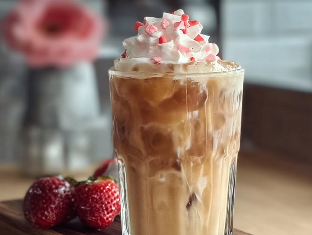 A refreshing serving of White Chocolate Strawberry Iced Coffee, topped with whipped cream and strawberries.