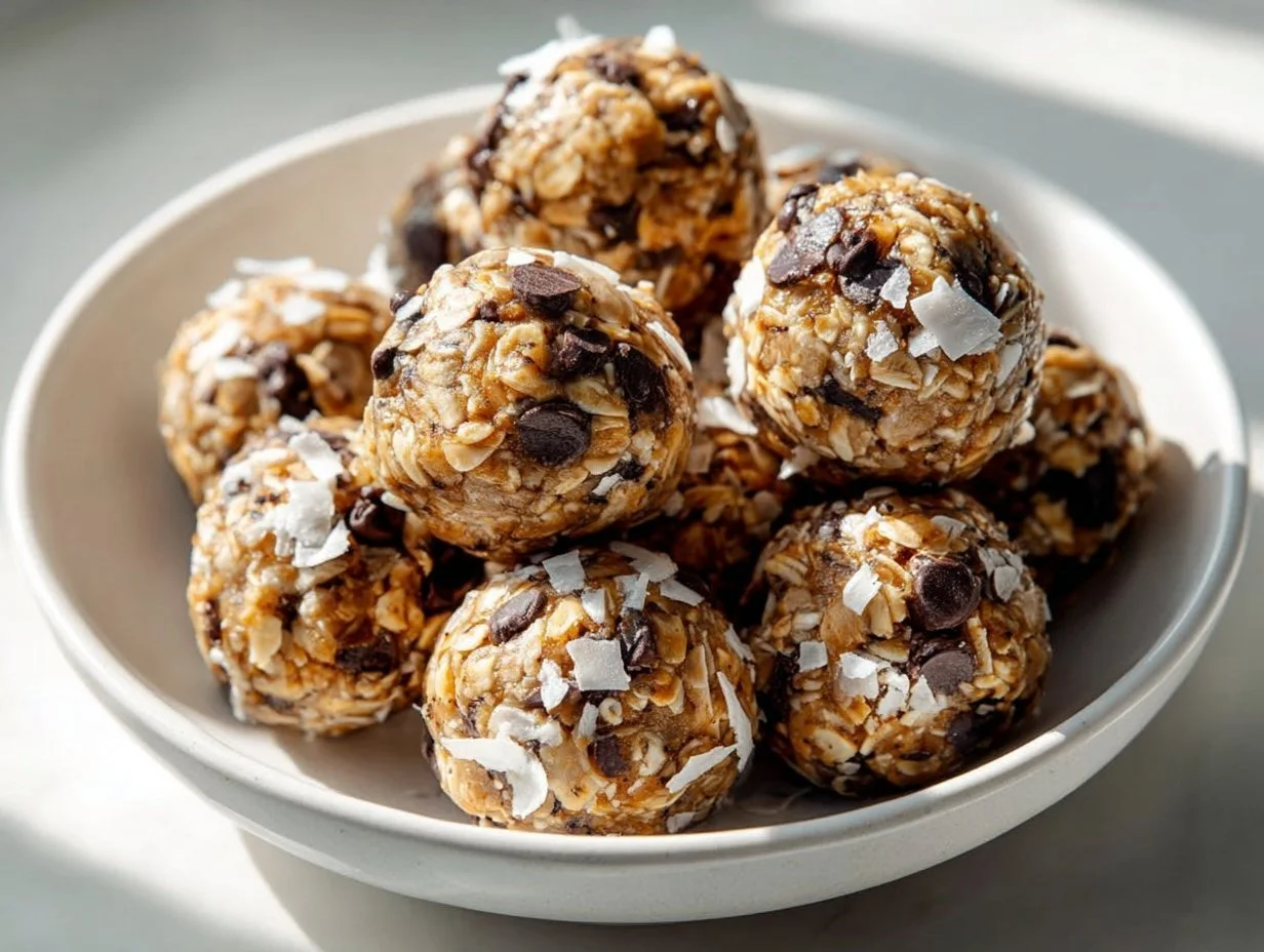 Homemade Almond Chia Energy Bites stacked on a plate, healthy snack idea