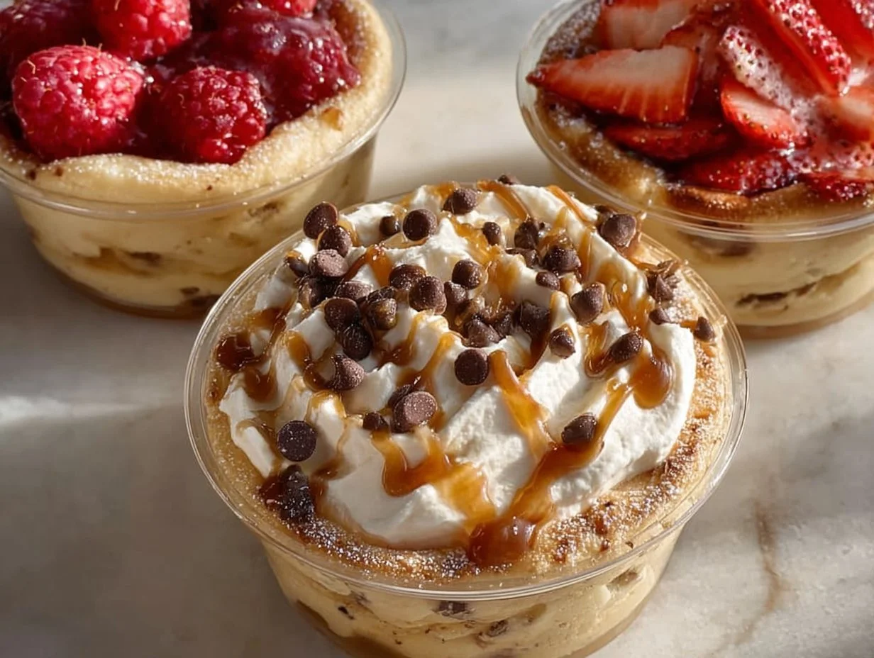 Baked protein pancake bowls topped with fresh fruit and syrup for a healthy breakfast.