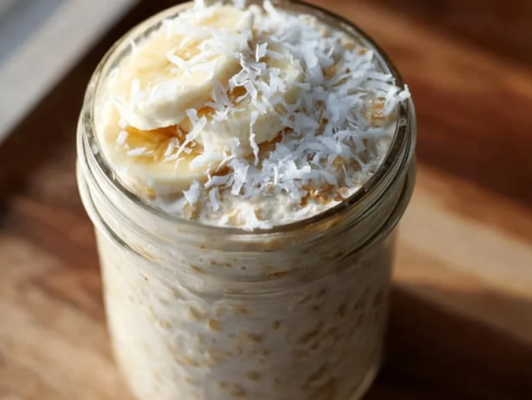 A bowl of banana and coconut overnight oats topped with fruits and nuts.