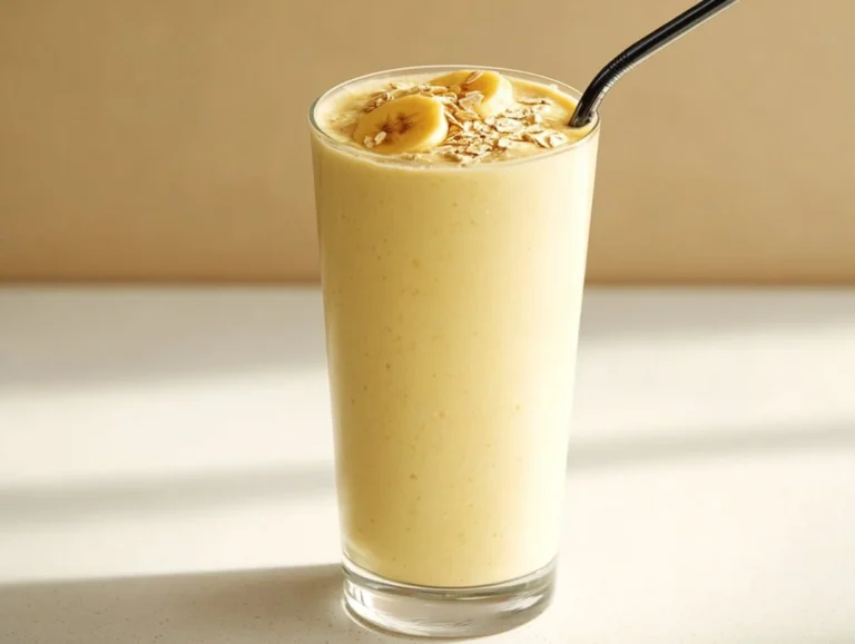 Delicious Banana Breakfast Smoothie served in a glass with fresh bananas