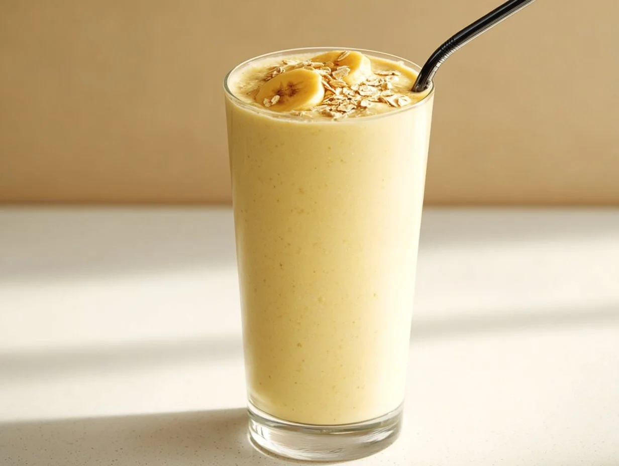 Delicious Banana Breakfast Smoothie served in a glass with fresh bananas