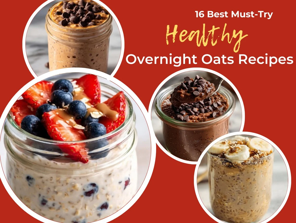 A bowl of high protein overnight oats topped with fruits and nuts