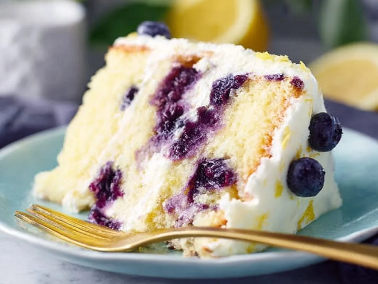 Delicious slice of best lemon blueberry cake with fresh blueberries on top