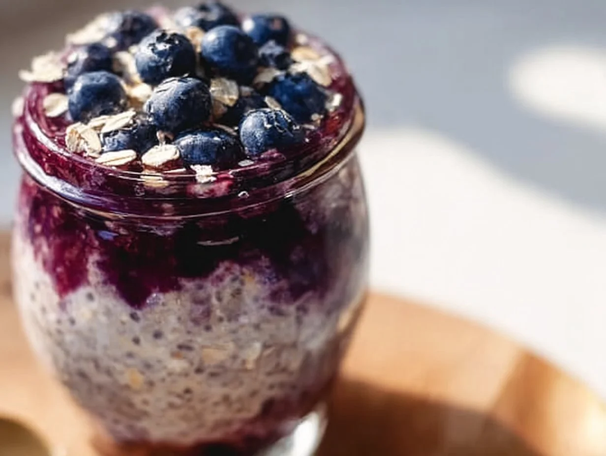 Bowl of blueberry overnight oats topped with fresh blueberries and nuts