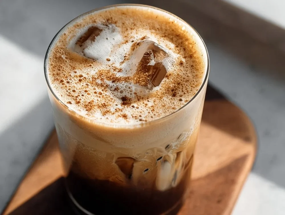 Brown Sugar Oatmilk Shaken Espresso in a glass with ice and coffee.