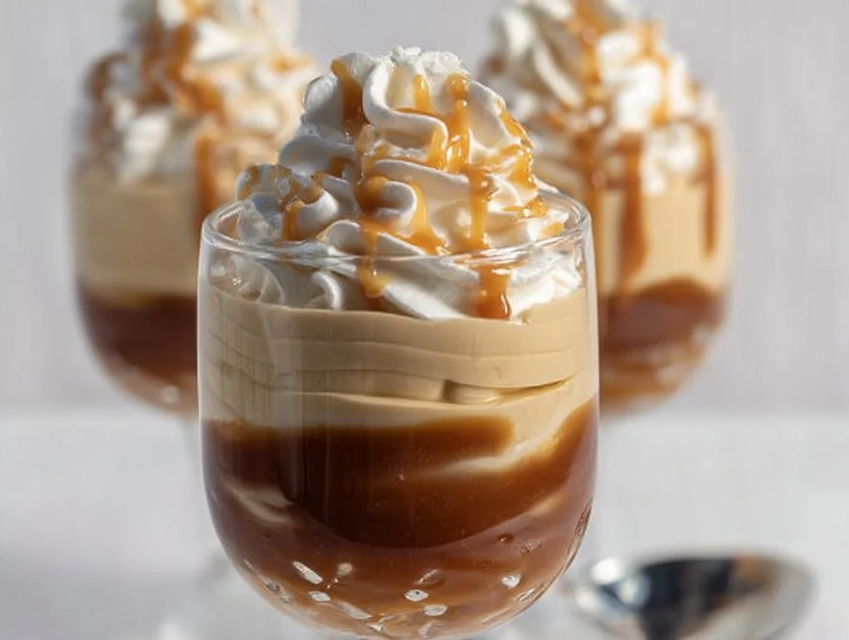 Delicious homemade Caramel Mousse served in elegant dessert cups.