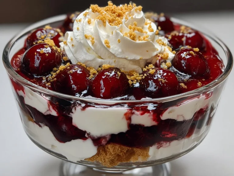 Delicious Cherry Cheesecake Trifle with layers of cheesecake and cherries