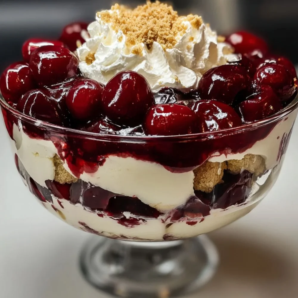 Delicious Cherry Cheesecake Trifle with layers of cheesecake and cherries