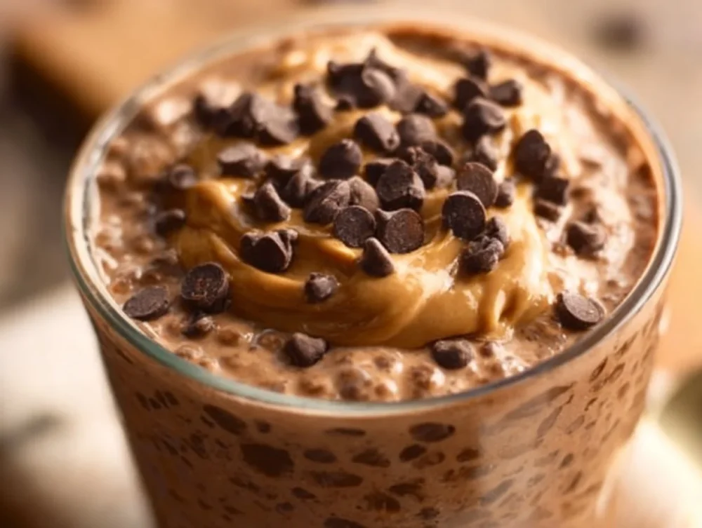 Bowl of chocolate peanut butter overnight oats topped with chocolate chips and peanuts