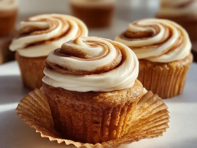 Delicious cinnamon roll cupcakes topped with cream cheese frosting and sprinkled cinnamon