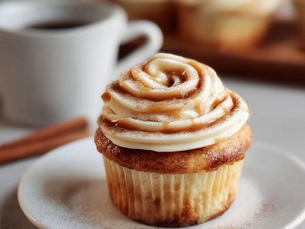 Delicious cinnamon roll cupcakes topped with cream cheese frosting and sprinkled cinnamon