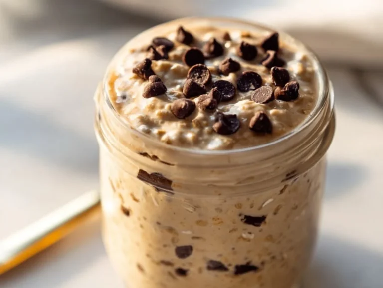 Delicious bowl of cookie dough overnight oats topped with chocolate chips