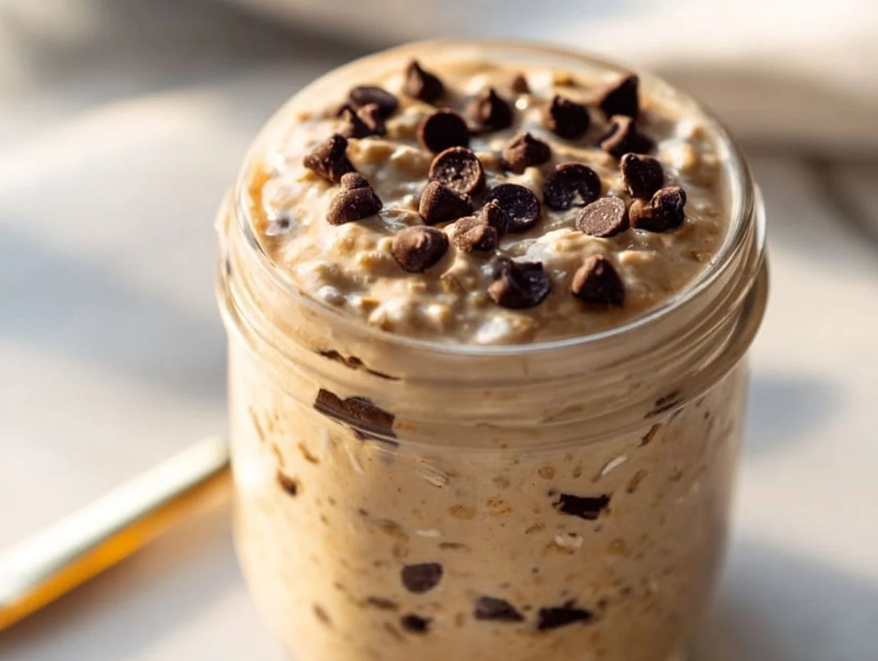 Delicious bowl of cookie dough overnight oats topped with chocolate chips