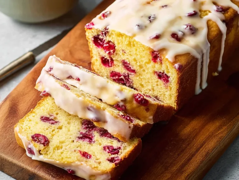 Sliced cranberry orange bread with cranberries and orange zest on a wooden table