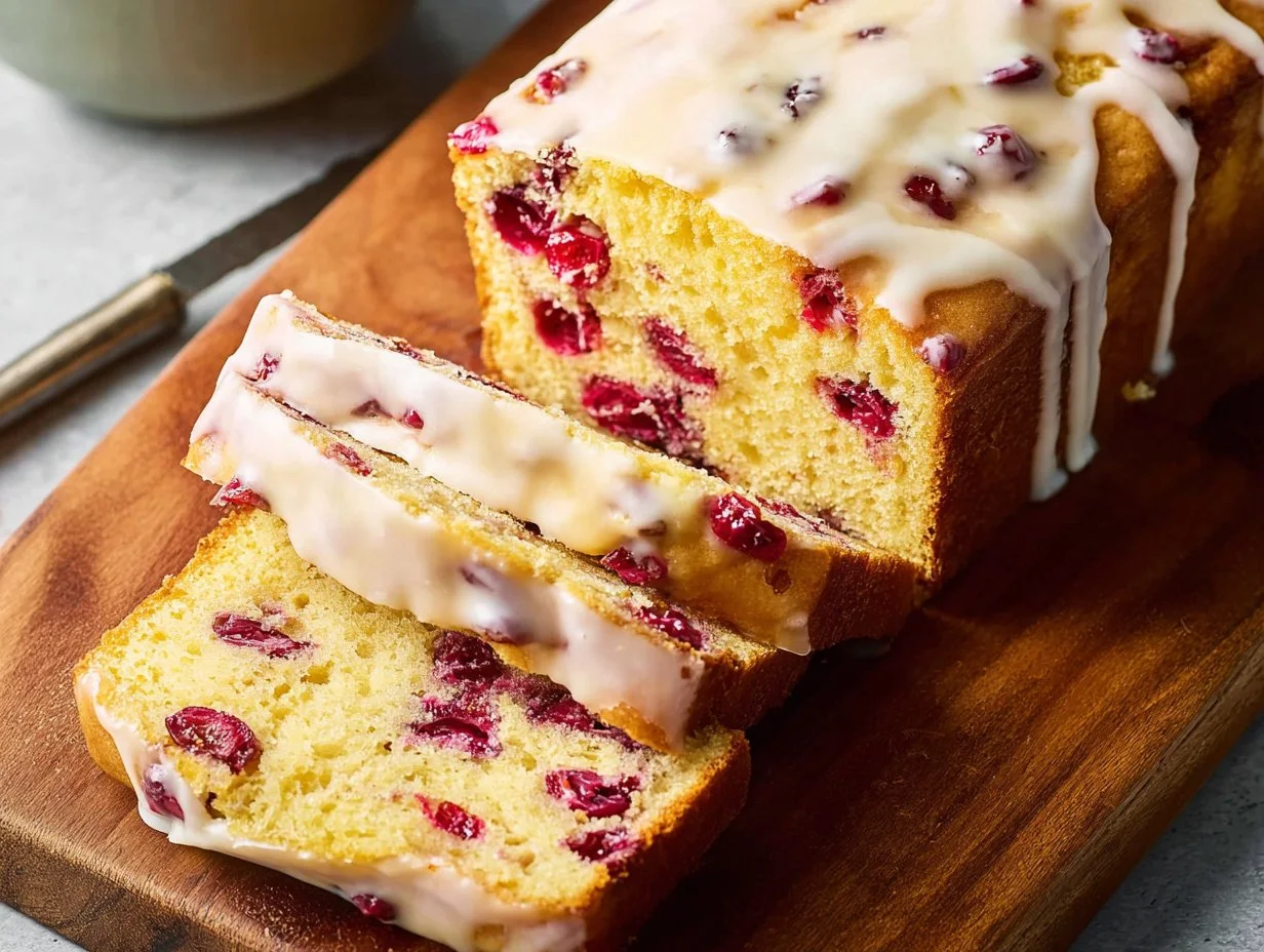 Sliced cranberry orange bread with cranberries and orange zest on a wooden table