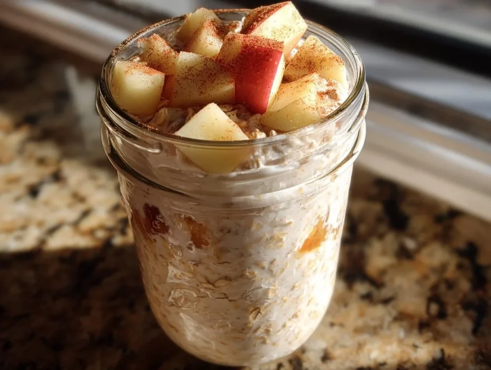 Bowl of creamy cinnamon apple overnight oats topped with sliced apples and cinnamon