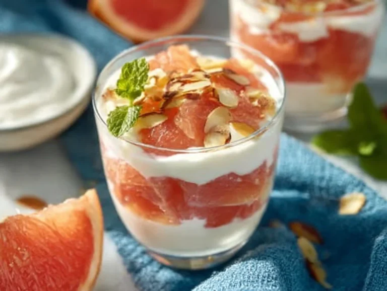 Creamy grapefruit parfait topped with fresh slices and granola.