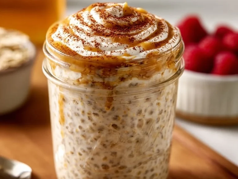 High protein cinnamon roll overnight oats in a bowl with toppings
