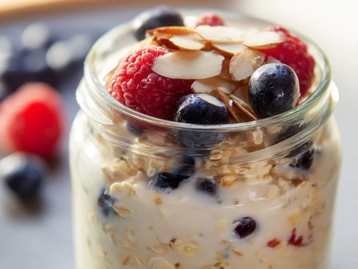 Bowl of easy overnight oats topped with fruits and nuts
