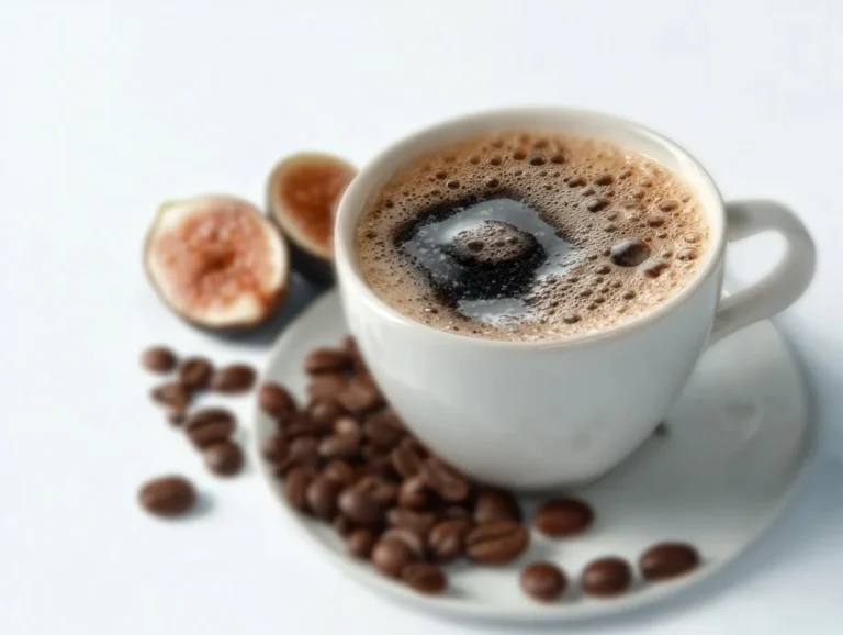 Delicious English coffee served with roasted figs on a wooden table