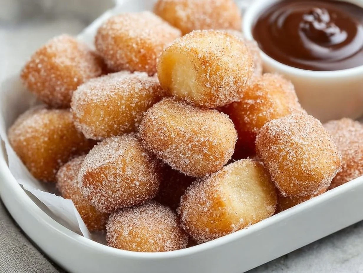 Fluffy air fryer churro bites coated in cinnamon sugar.