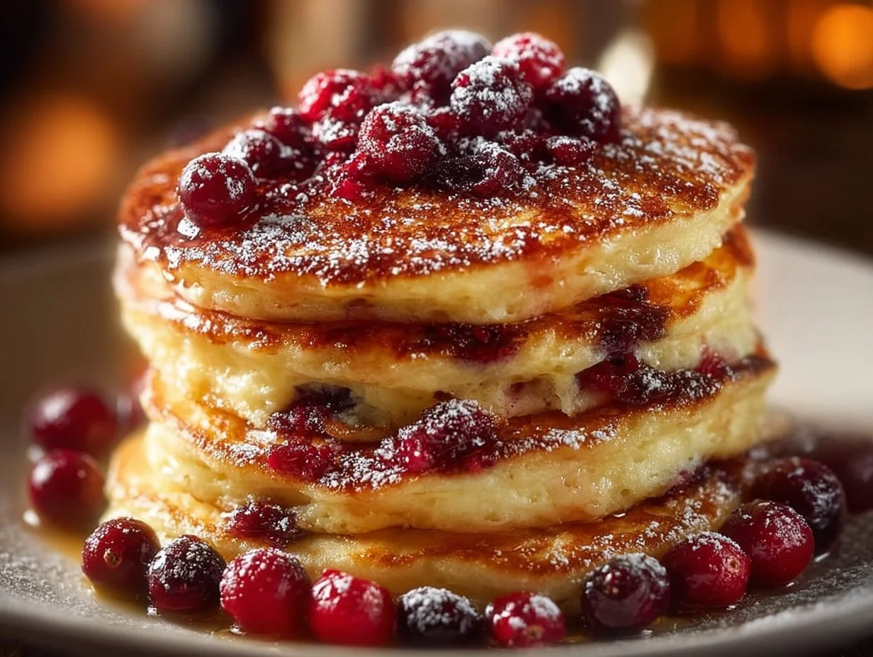 Fluffy cranberry orange ricotta pancakes on a plate