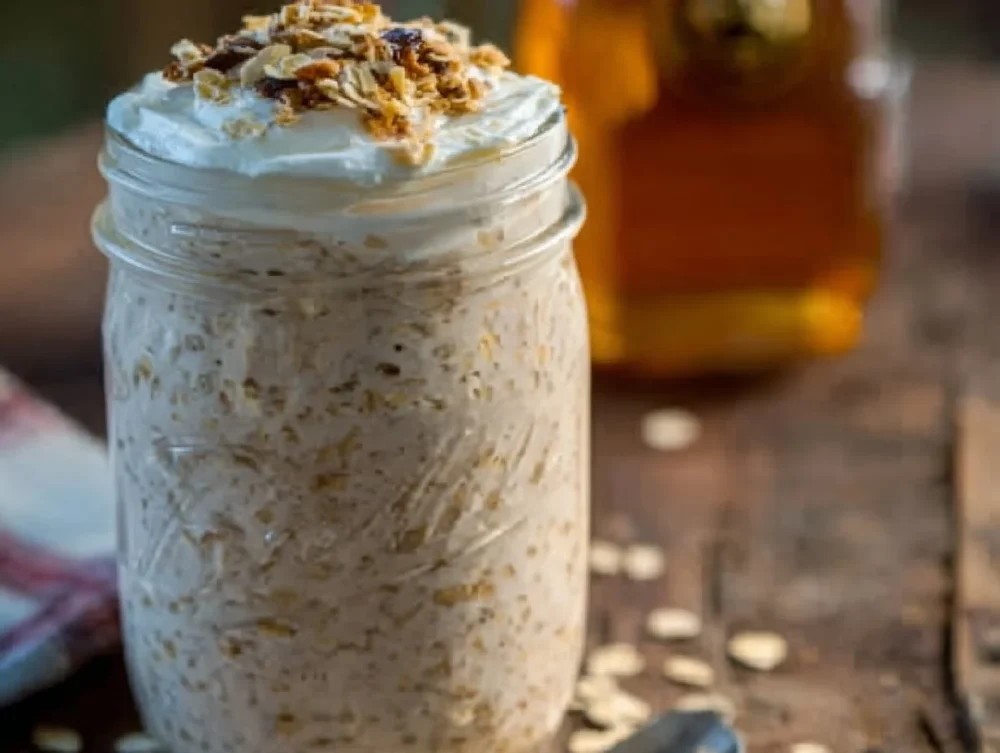 Bowl of French Toast Overnight Oats topped with syrup and fruits
