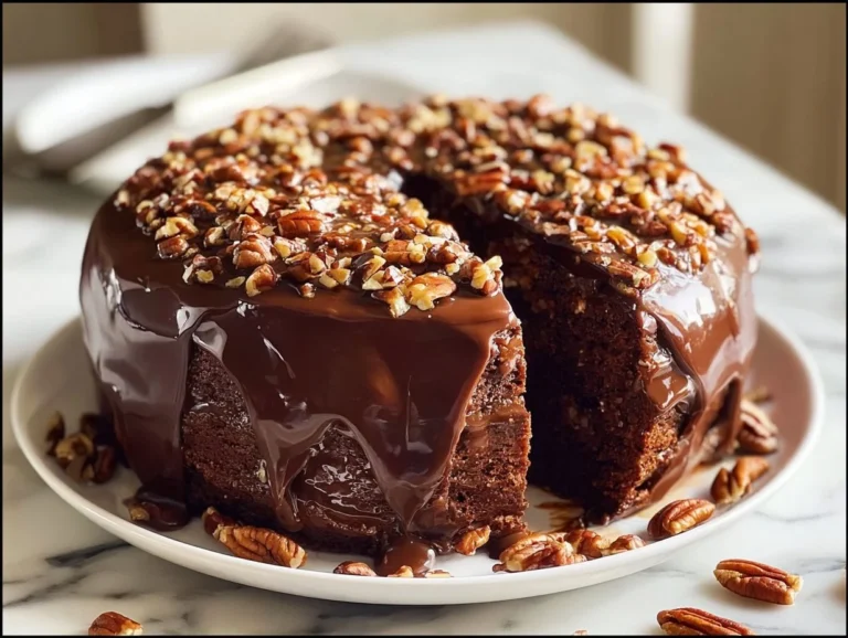 Sliced German Chocolate Pecan Pound Cake on a plate with chocolate frosting