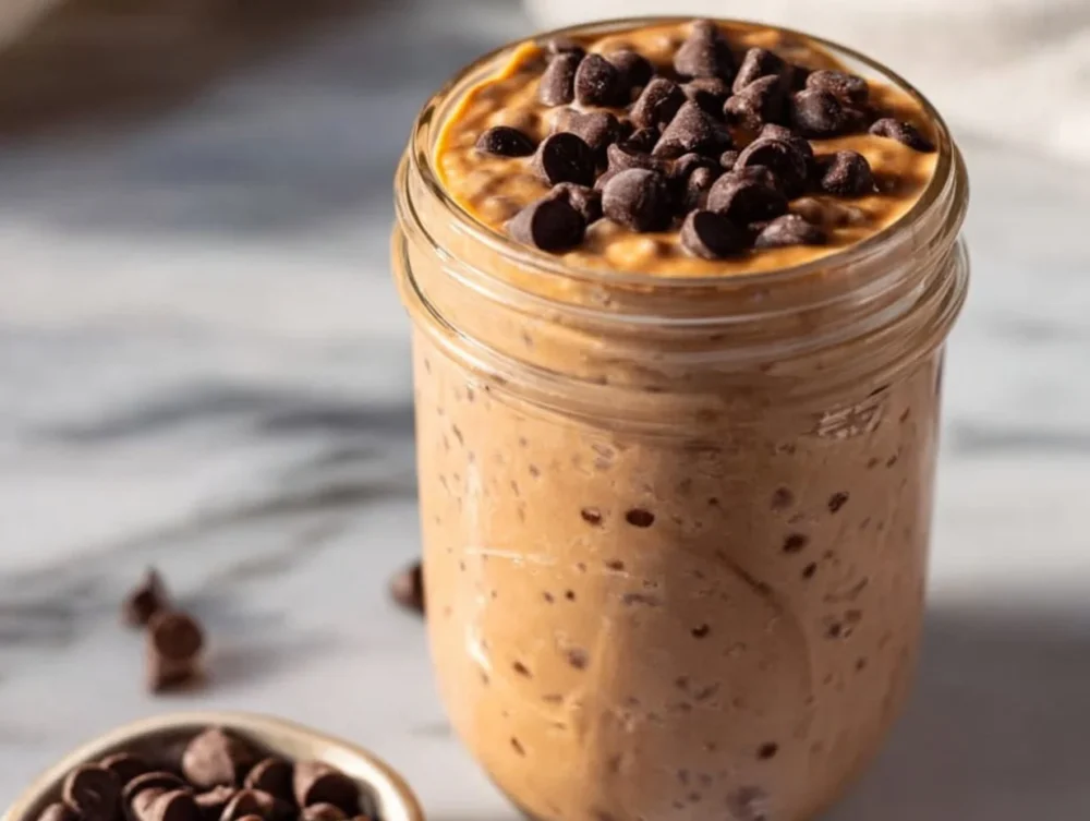High protein chocolate overnight oats in a glass bowl topped with berries