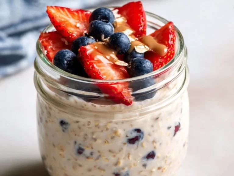 High-protein cottage cheese overnight oats topped with fruits and nuts.