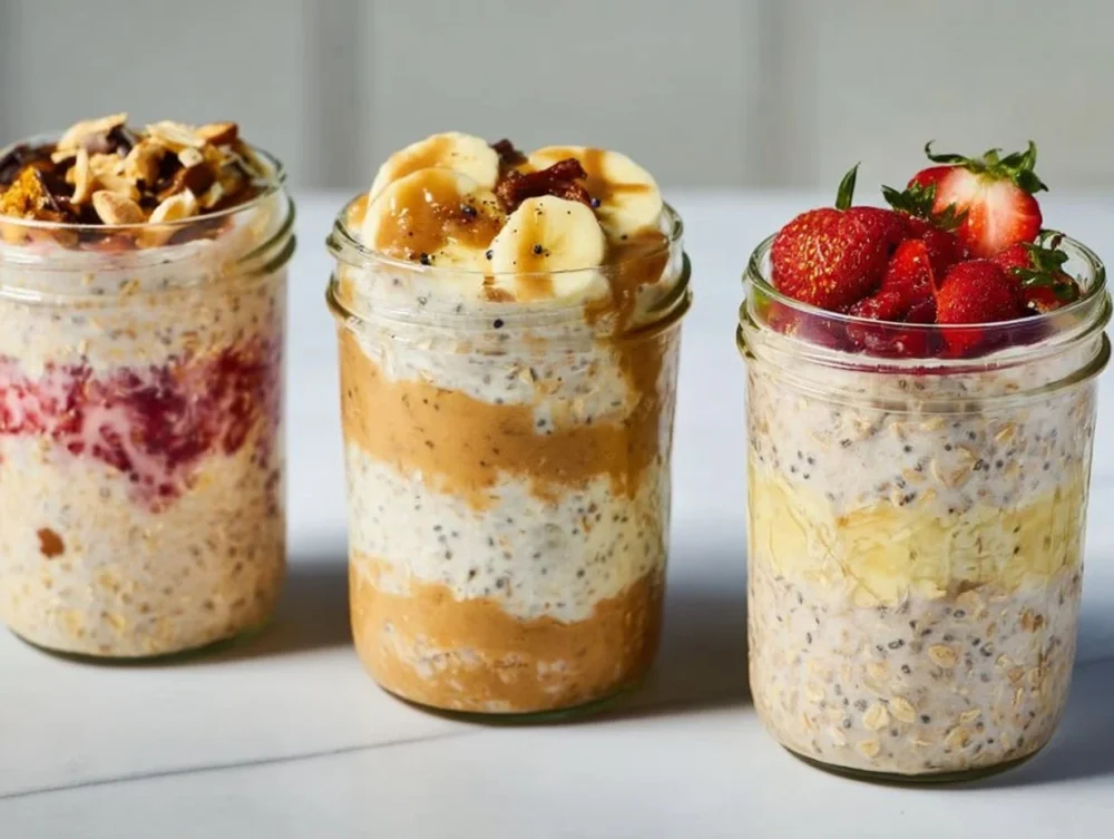 Bowl of high-protein overnight oats topped with fruits and nuts