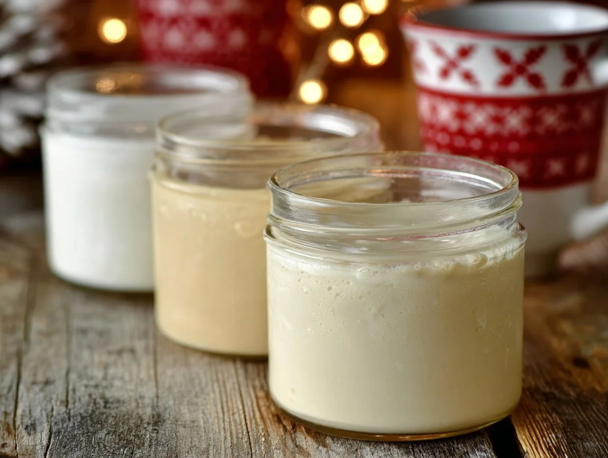 Assorted holiday coffee creamers in festive packaging for seasonal coffee enjoyment.
