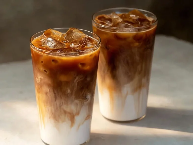 Iced caramel macchiato topped with caramel drizzle in a clear cup