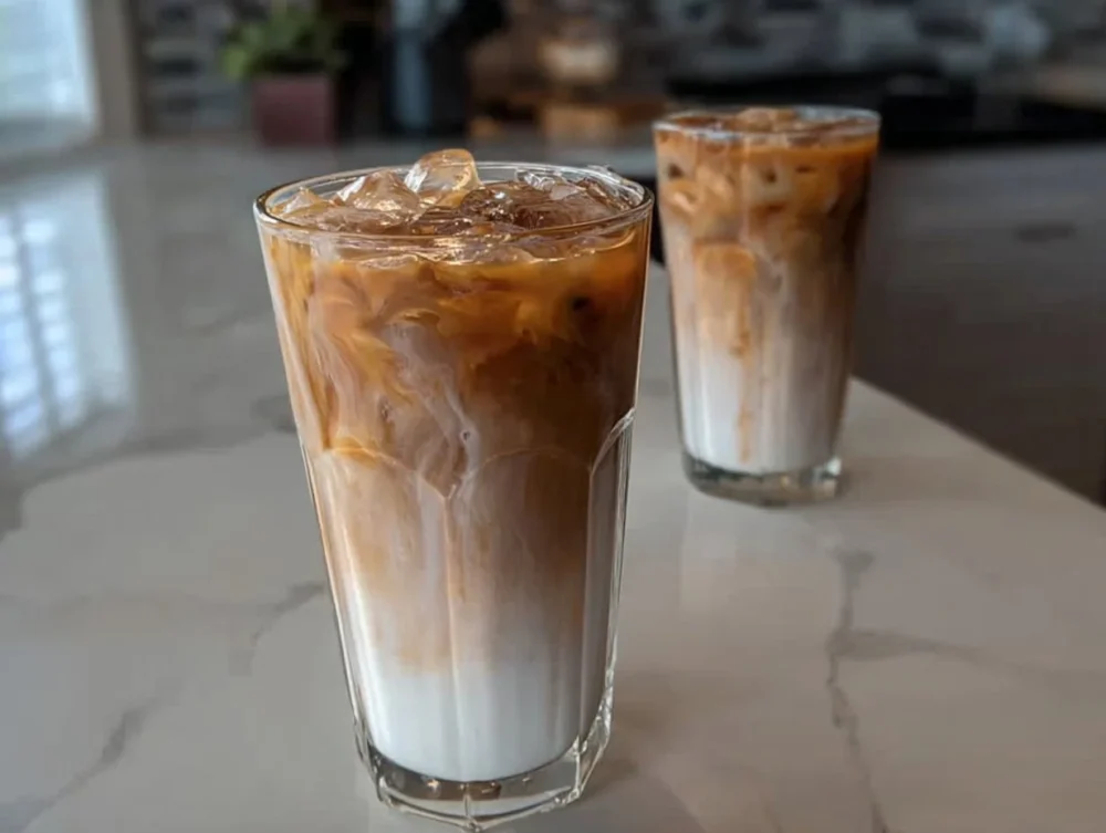 Iced caramel macchiato topped with caramel drizzle in a clear cup