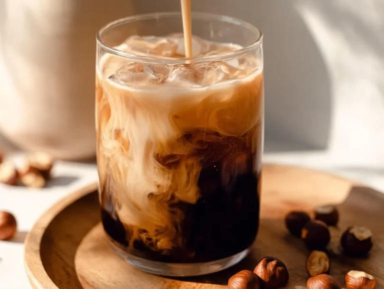 Iced Hazelnut Oat Milk Shaken Espresso in a glass with ice and hazelnuts
