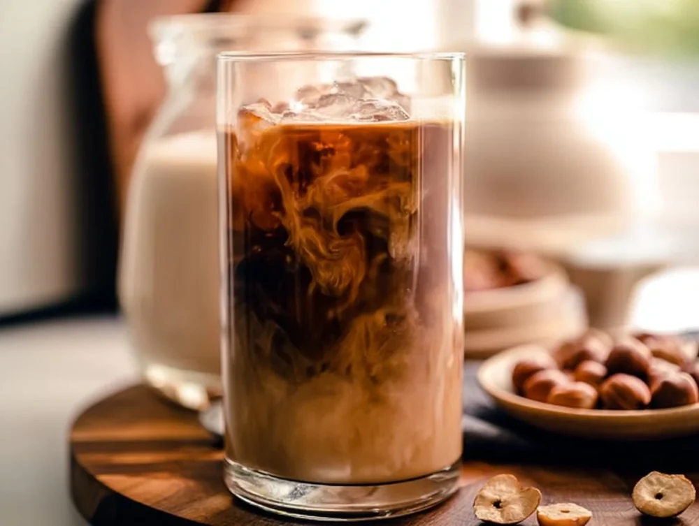 Iced Hazelnut Oat Milk Shaken Espresso in a glass with ice and hazelnuts