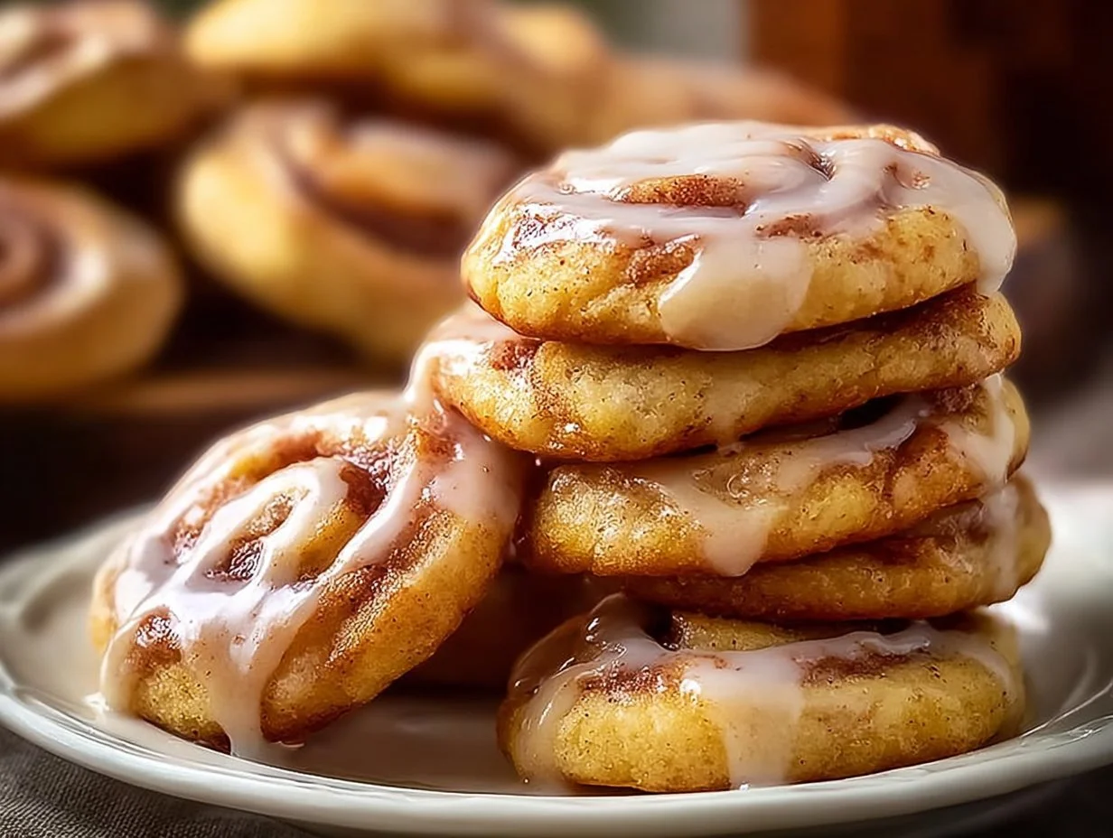 Delicious cinnamon roll cookies drizzled with icing, perfect for dessert.