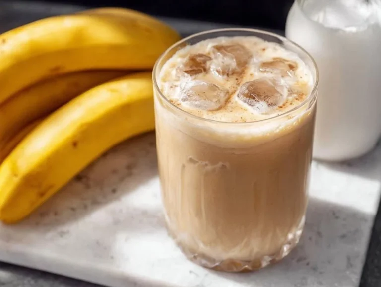 A glass of Korean Banana Milk with a banana and a straw
