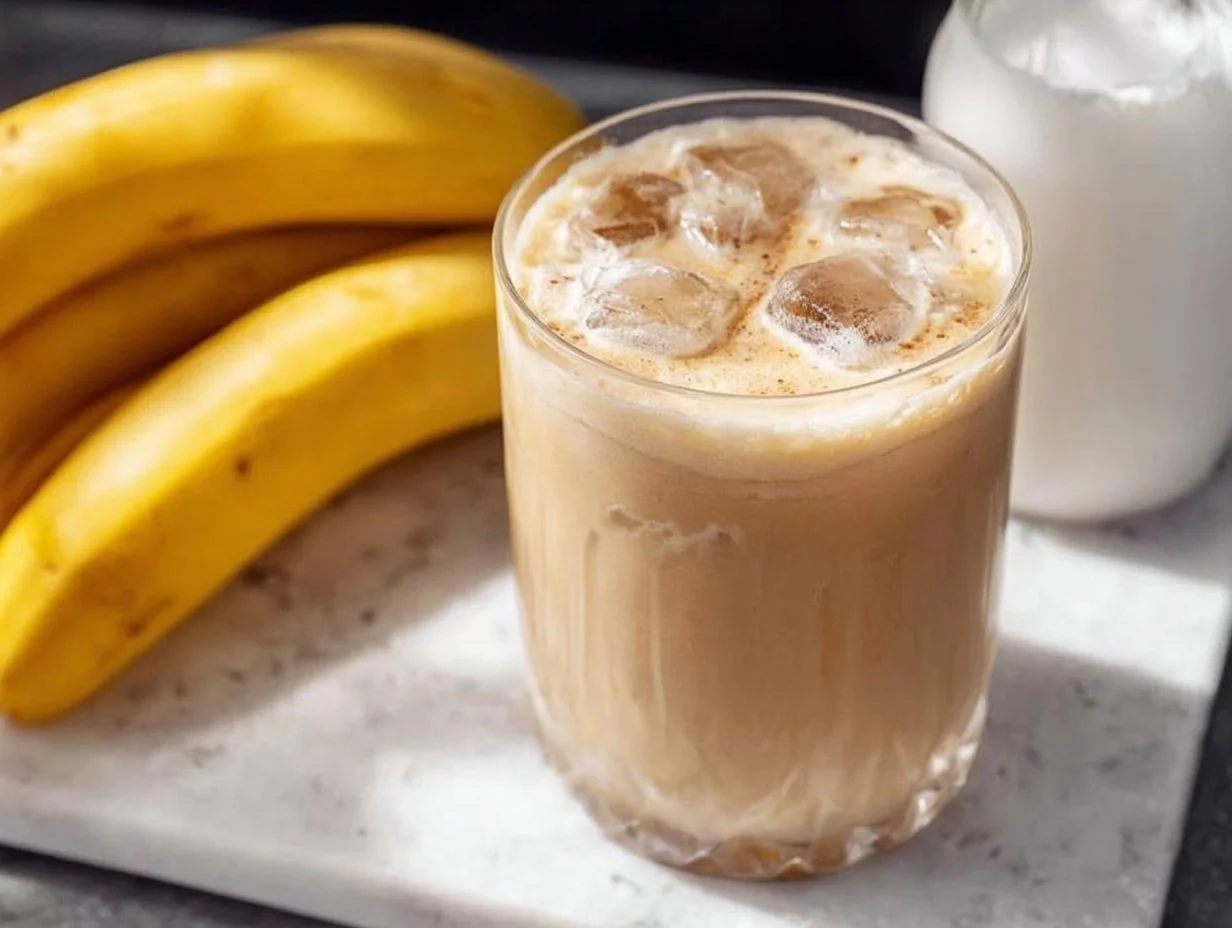 A glass of Korean Banana Milk with a banana and a straw