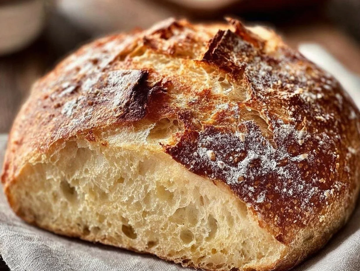 Freshly baked no knead Italian artisan bread loaf